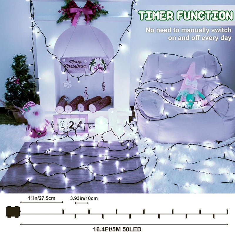 FFZZKJ أضواء عيد الميلاد البيضاء الخارجية تعمل بالبطارية سلسلة أضواء إجمالي 100 LED 33 قدم مع مؤقت 8 أوضاع 16.4 قدم * 2 مقاومة للماء للاستخدام الداخلي والخارجي لتزيين عيد الميلاد، أبيض بارد، عبوة 2 - Image 3